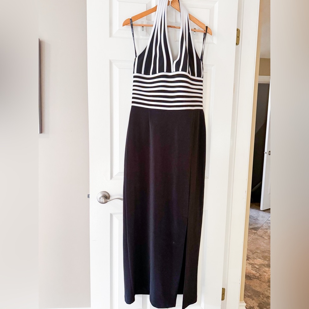 Vintage Joseph Ribkoff Black & White Striped Halter Gown, Sz 12 Fits 10